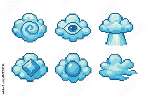 Set of magical cloud sprites in a retro 8-bit pixel art style, including a mystic eye, a gem, and a mushroom cloud, designed as game assets on a clean white backdrop