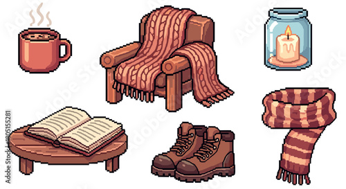 Pixel art set of cozy hygge elements for a warm winter evening, featuring a hot beverage, comfy chair, book, candle, scarf, and boots