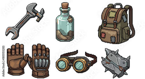 Set of pixel art icons for a post-apocalyptic survival video game, featuring a rusty wrench, dirty bottle, patched backpack, armored gloves, goggles, and a spiked shield
