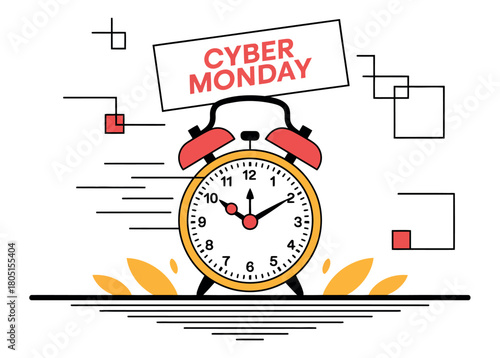 A red alarm clock displays the time for Cyber Monday sales and promotions.