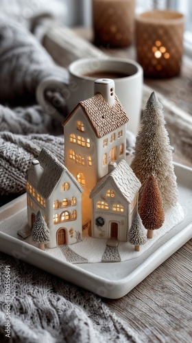 Cozy Winter Scene With Illuminated Ceramic Houses on a Wooden Table