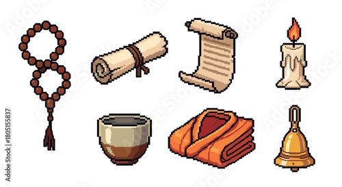 Pixelated illustration set of ancient monk or wizard items featuring a scroll, prayer beads, candle, robe, bell, and bowl