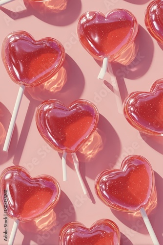 Heart-shaped Lollipops Arranged on a Pink Background for Decoration or Celebr...