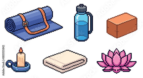 Set of pixel art icons for yoga and meditation practice, including a mat, block, water bottle, towel, candle, and lotus flower in an isometric perspective