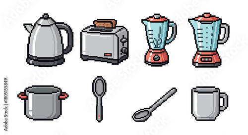 Collection of kitchen appliances and utensils including a kettle, toaster, blender, pot, and mug, all rendered in a charming retro 8-bit pixel art style on a white background