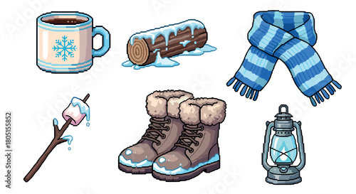Charming set of winter season pixel art illustrations featuring a cozy hot beverage, a snowy log, a warm scarf, winter boots, a lantern, and a marshmallow
