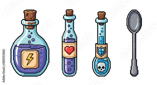 Collection of pixel art fantasy potion bottles with magical symbols for energy, health, and poison, designed as assets for a retro video game and