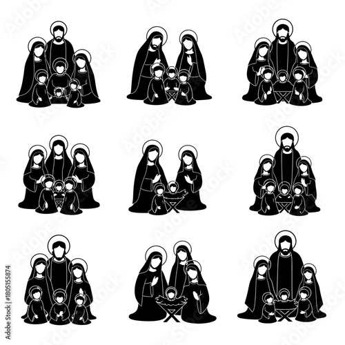 Several stylized silhouettes depict the nativity scene with Mary, Joseph, and baby Jesus surrounded by angels.