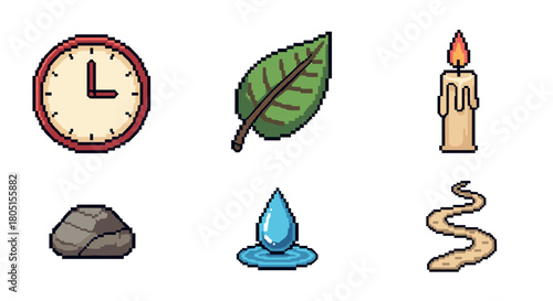 Collection of retro pixel art icons for a video game interface, featuring a clock, leaf, candle, rock, water drop, and path