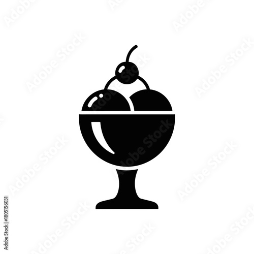 A black and white illustration of an ice cream sundae in a glass dish.