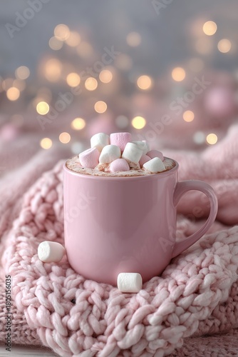 Cozy Pink Mug With Hot Chocolate and Marshmallows on Soft Blanket in Warm Amb...