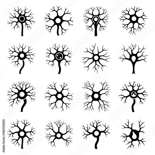 Collection of stylized neuron illustrations with branching dendrites and axons.