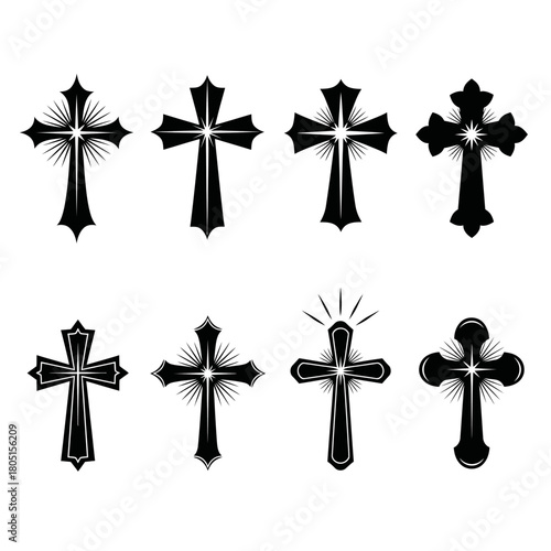 A collection of eight distinct Christian cross symbols in black and white.