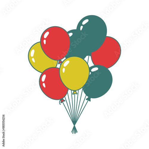 A cluster of red, yellow, and teal balloons are tied together with strings.