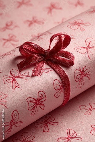 Colorful Red Bows on Soft Pink Paper Create a Cheerful and Festive Pattern fo...