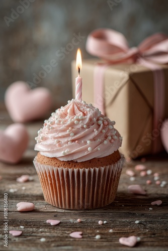 Sweet Cupcake With Pink Frosting and Candle Beside a Gift on a Wooden Table