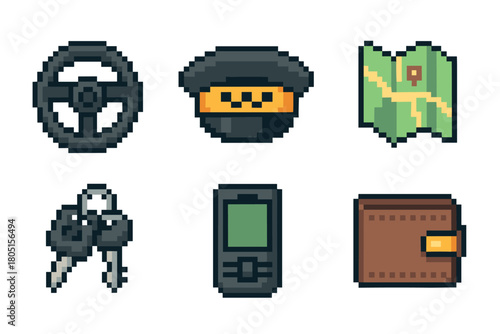 Collection of retro pixel art icons representing a taxi driver or chauffeur, featuring a steering wheel, cap, map, keys, mobile phone, and wallet