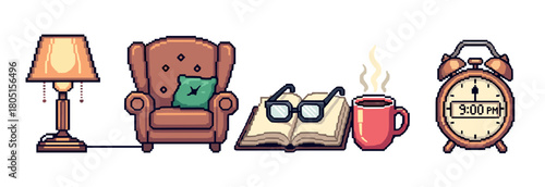 Charming pixel art illustration of objects for a relaxing evening at home, showing a lamp, armchair with pillow, book with glasses, hot drink, and an alarm clock set for bedtime