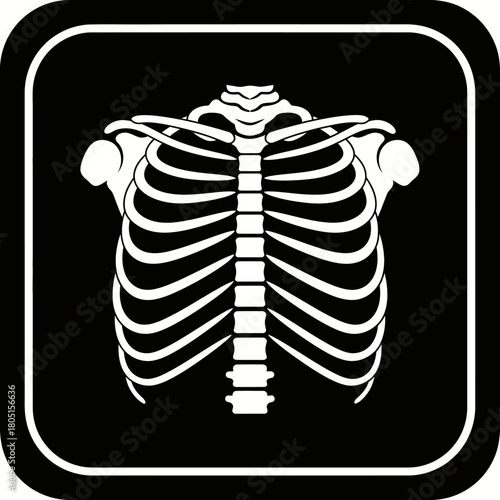 A black and white graphic illustration of a human rib cage and sternum.