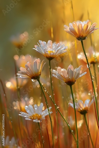 Beautiful Daisies Covered in Morning Dew in a Vibrant Garden at Sunrise