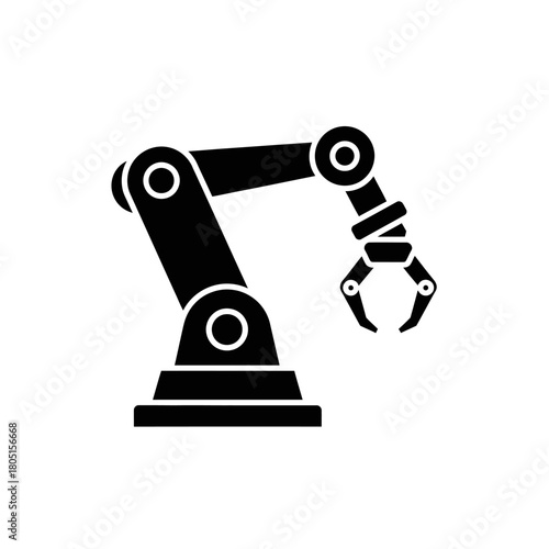 A black robotic arm with a claw gripper is shown against a white background.