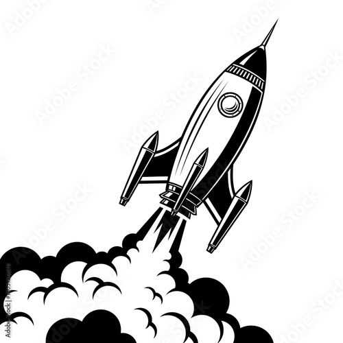 A stylized rocket blasts off with smoke and flames against a white background.