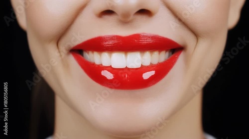 Close up of a woman's face with bright red lipstick and visible teeth against a black background