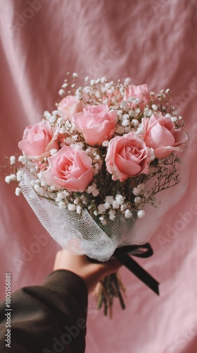 Beautiful Bouquet of Pink Roses Wrapped With Delicate Lace on Soft Pink Backg...