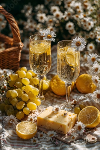 Summer Picnic With Sparkling Drinks, Cheese, and Fresh Fruit in a Floral Gard...