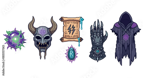 Collection of dark fantasy magic items including a horned skull mask, enchanted scroll, and armored gauntlet, illustrated in a cartoon style for a role-playing game concept