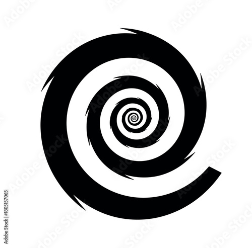 Black and white abstract illustration of a hypnotic spiral with jagged, thorny edges creating an optical illusion of depth and movement on a clean white background