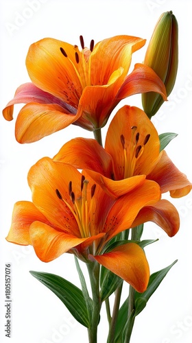 Bright Orange Lilies in Full Bloom With Green Leaves and a Budding Flower