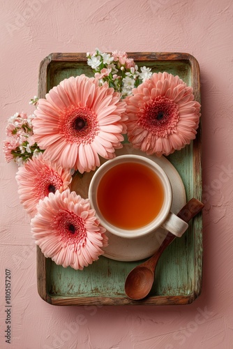 Enjoying a Warm Cup of Tea Surrounded by Vibrant Pink Flowers in a Cozy Setting