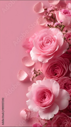 Elegant Pink Rose With Blank Card and Delicate Flower Petals on Soft Pink Bac...