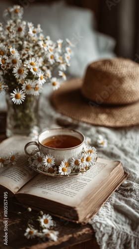 Cozy Tea Time With Daisies and a Straw Hat on a Rustic Wooden Table