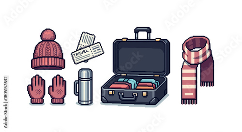 Pixel art collection of winter travel essentials including a suitcase, warm clothes, thermos, and tickets