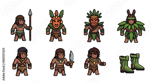 Collection of pixel art tribal warrior character sprites for a fantasy video game, featuring jungle hunters with masks, spears, and leaf armor