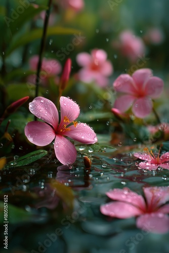 Pink Flowers With Raindrops on Leaves Near a Calm Water Surface in a Serene N...