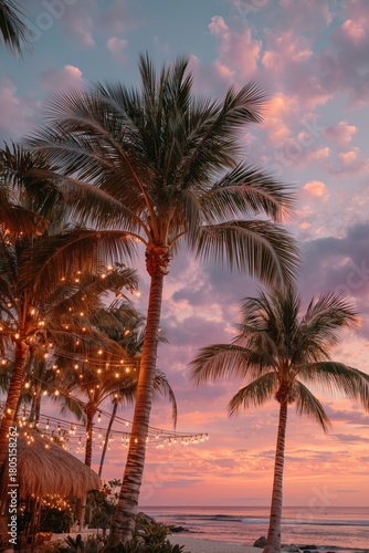 Beautiful Sunset Over Palm Trees With Lights Near the Beach in a Tropical Par...