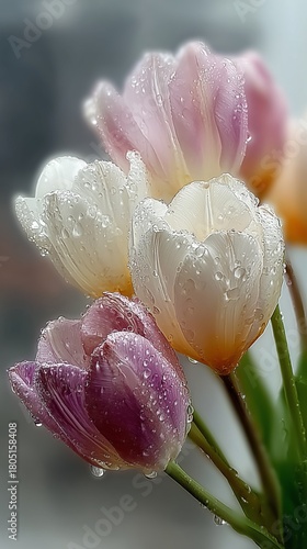 Fresh Tulips With Water Droplets Near a Window on a Rainy Day in Spring