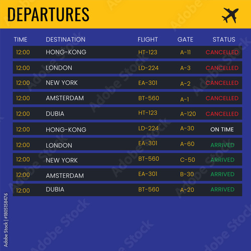 Departure board with all flights cancelled status. Airport schedule template with all flight info: time, destination, gate. Electronic board concept for railway station . Vector illustration