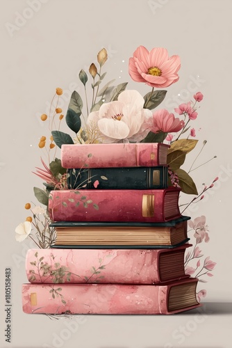 Beautiful Stack of Vintage Books With Flowers on Top in a Soft, Artistic Disp...