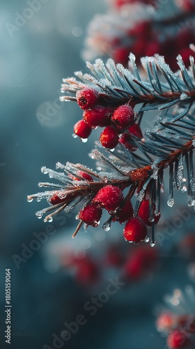 Winter Frost Covers Red Berries on Conifer Branch in Serene Landscape
