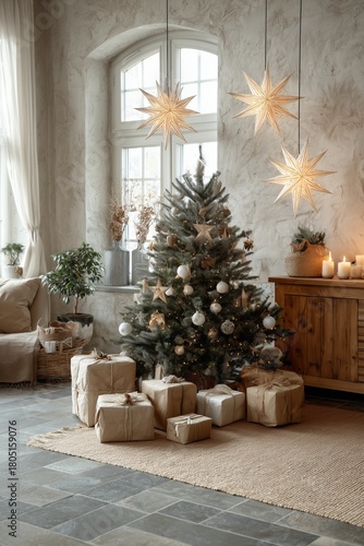 Cozy Living Room Decorated for Christmas With a Tree and Wrapped Gifts