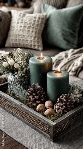 Cozy Atmosphere With Green Candles and Natural Decor on a Wooden Tray in a Li...
