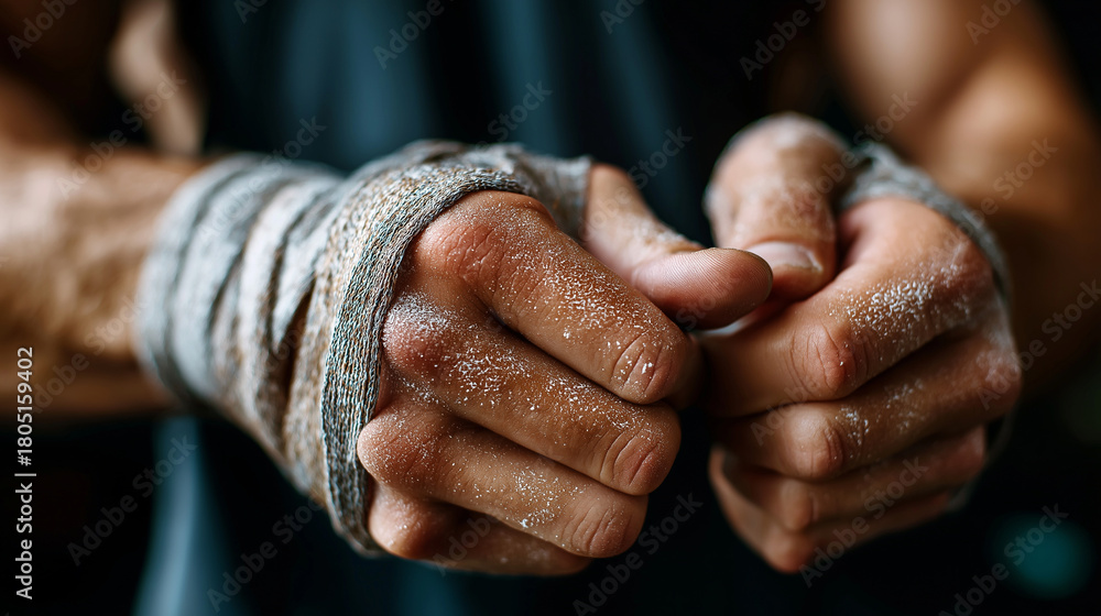 Fototapeta premium Athlete taping wrists before heavy lift, preparation ritual, cinematic close up, grit and texture, with copy space