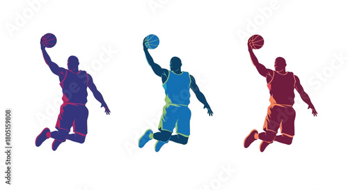 Three basketball players in dynamic action leaping with the ball illustrated