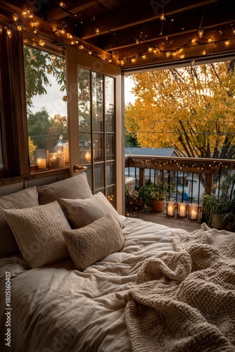 Cozy Bedroom With Warm Lights and Fall Colors During Sunset