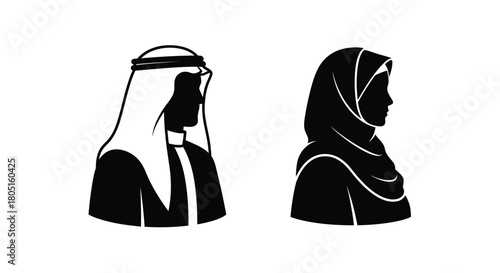 Elegant silhouettes depicting a traditional arab man and woman in headdress