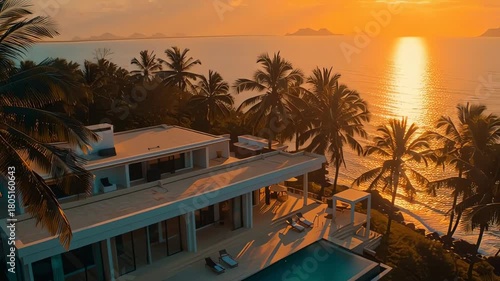 Luxury beachfront villa with pool at sunset amidst tropical palm trees and ocean view